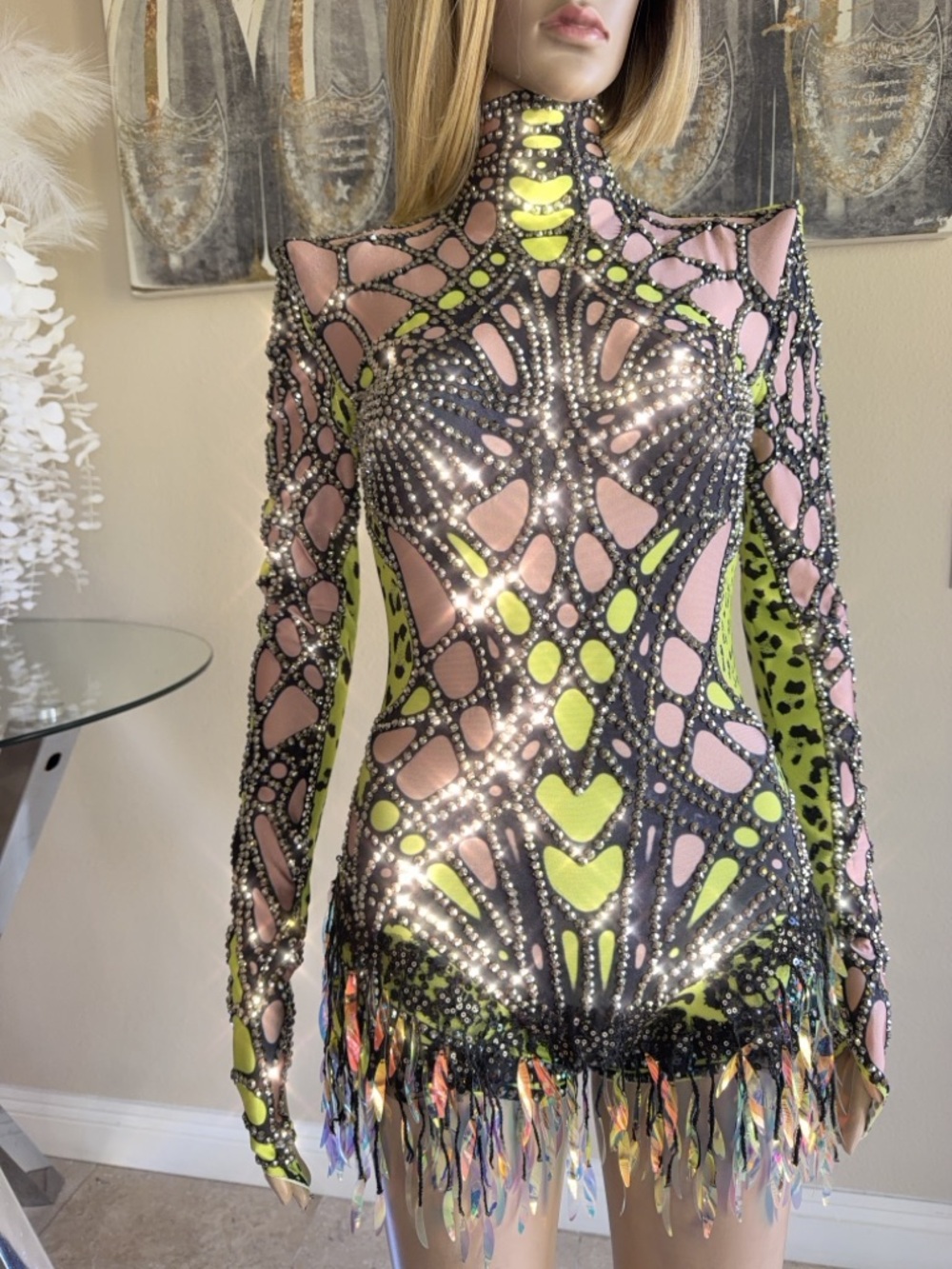 Women's Black& Neon Yellow Rhinestone Sequins Fringe Performance Rave DanceDress